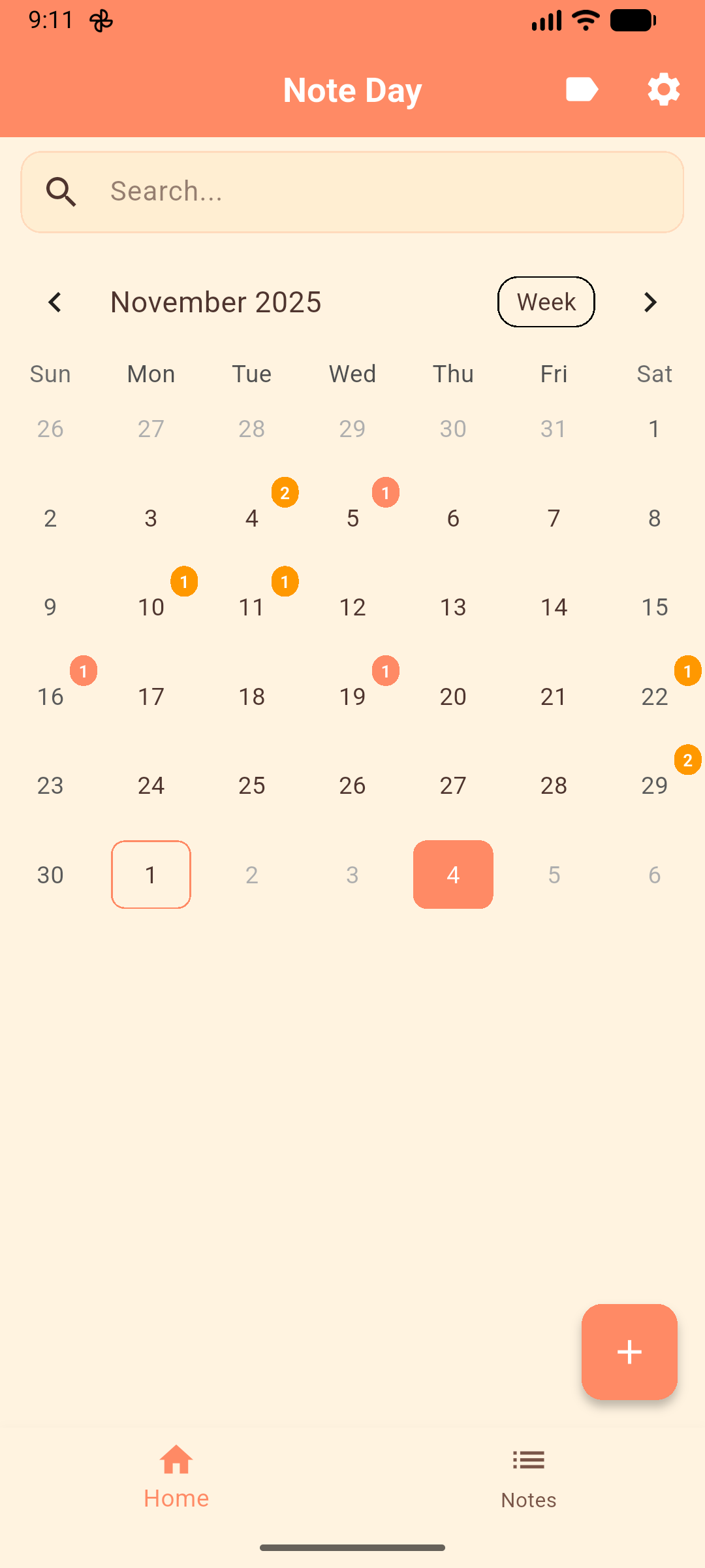 Giao diện lịch Note Day