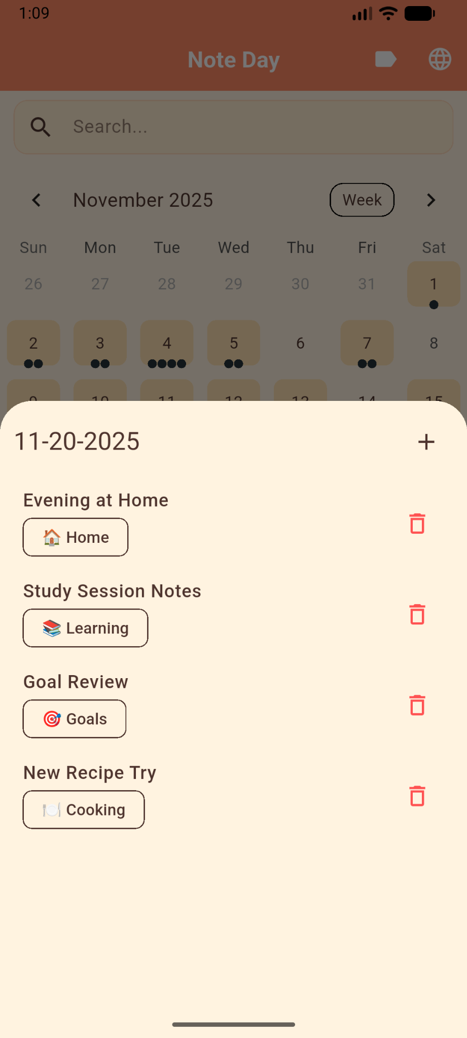 Danh sách ghi chú trong một ngày